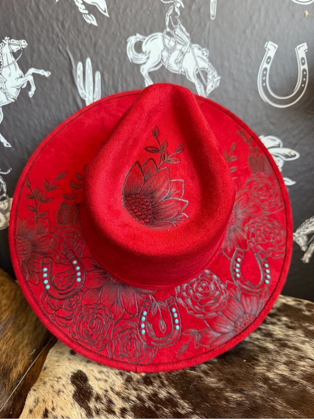 Red suede flat brim hat